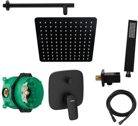 vanvilla Duschsystem mit Unterputz Duscharmatur von Hansgrohe Einhebelmischer und vanvilla Regendusche mit Armatur, Duschkopf eckig, Dusch-SET HGS51 schwarz matt beschichtet