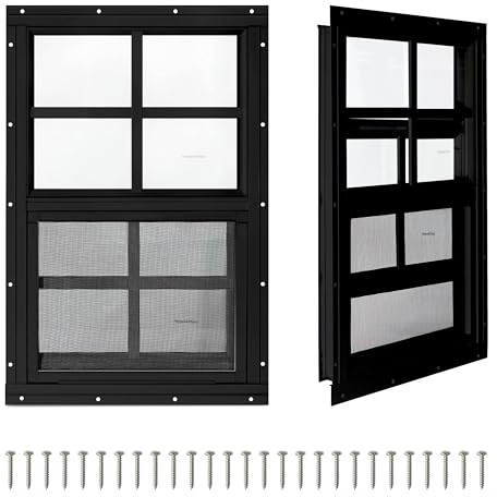 COLORPAPA 2er-Pack Schuppenfenster, 40,6 cm x 40,6 cm kleine Schiebefenster, bündig montierte Fenster mit gehärtetem Glas und Fiberglas-Gitter für Schuppen, Hühnerstall, Spielhaus, Haushalt, Garage