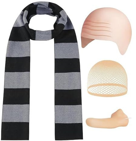 RETUOLWAG Gru Kostümzubehör, Glatzenhut, Set, schwarz-grau, gestreift, Schal, falsche Nase, Glatze, Halloween-Kostüm-Zubehör für Herren
