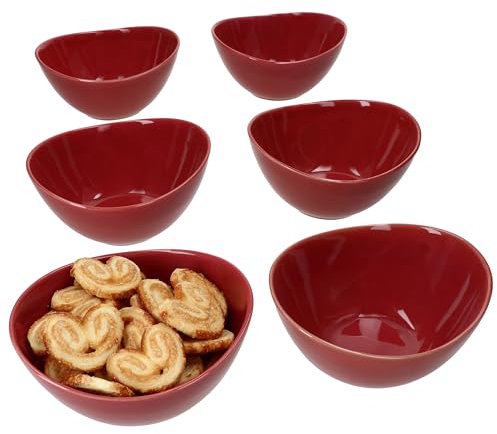 MÄSER 6er Set Natural Müslischale I 400ml I dunkelrote ovale Steingut-Schüssel mit geschwungener Form für 6 Personen I Schälchen für Salat, Suppe, Müsli, Chips & Co.