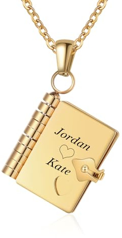 Kiddo Sky Personalisierte Buchkette mit 18 Karat Vergoldetem Buchmotiv – Mehrschichtige Medaillon-Halskette zum Öffnen für Frauen, Schreiben Sie Ihre Geschichte, Personalisiertes Schmuckgeschenk