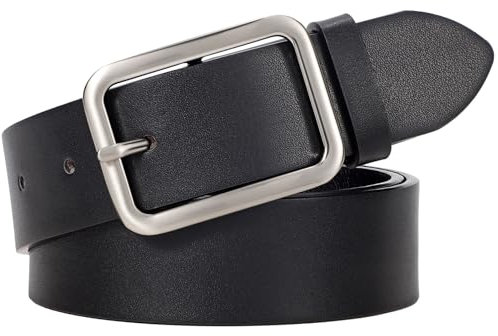 LEACOOLKEY Damen Ledergürtel schwarz mit Klassischer quadratischer Schnalle damen gürtel für Jeanshosen, 3.3cm Breite