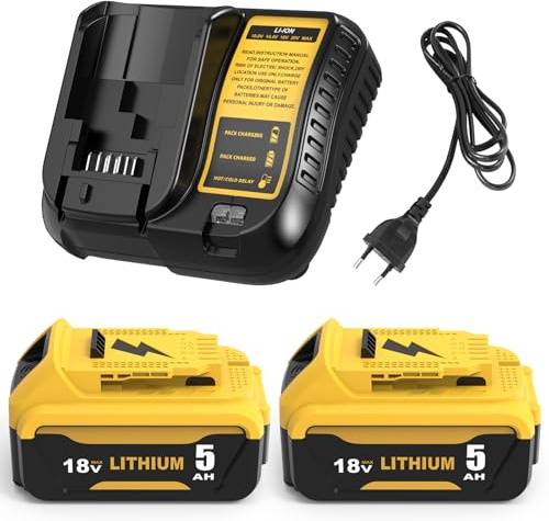 2pezzi 5000mAh Ricambio per Dewalt Batteria 18V + 10.8-20V DCB107 Ricambio per Dewalt Caricatore DCB180 DCB181 DCB182 DCB184 DCB201 DCB204(giallo)
