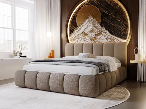 GRAINGOLD Cloud Bett 180x200, Polsterbett mit Bettkasten, Polsterbett mit Stauraum, Bouclé-Stoff, mit Lattenrost, mit Kopfteil, ohne Matratze (Braun, 180x200)