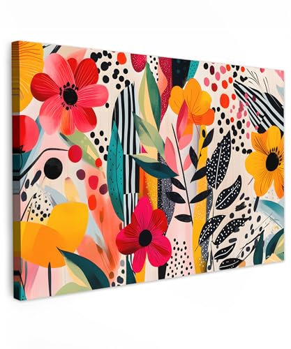MuchoWow© Impression sur Toile Decoration Murale Peinture 120x80 cm Tableaux Art Décoratif Muraux Décoration Chambre Fleurs - Feuilles - Abstrait - Coloré