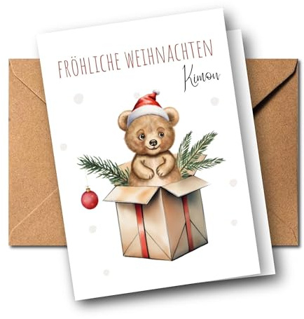 Personalisierte Weihnachtskarte mit Name – Tier im Geschenk – süße Klappkarte mit Umschlag für Geldgeschenk – – Weihnachtsgruß für Kinder & Erwachsene | DIN A6 Faltkarte (Bär)