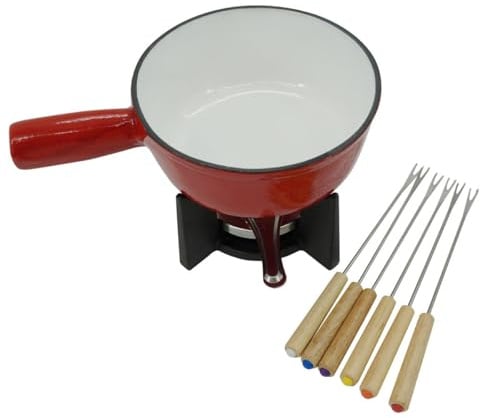 Fackelmann 687915 Service à Fondue Savoyarde au Fromage pour 2 Personnes, Fondue Bourguignonne, 1 Caquelon 1 Réchaud 1 Brûleur et 6 Fourchettes, Fonte Emaillée, Inox, Bois, Rouge, Diam 17 cm, 1,1 L