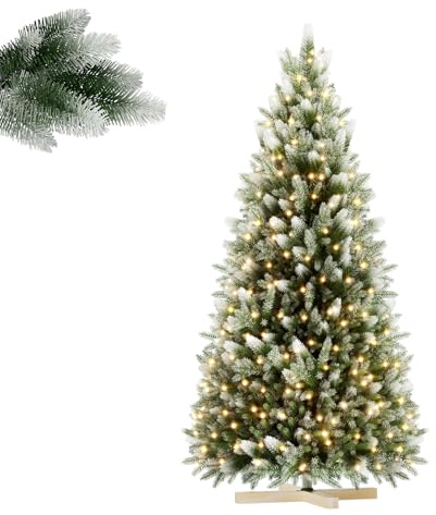 LILIIN Albero di Natale artificiale di alta qualità, 150 cm, con rivestimento in neve artificiale su punte, verde PVC + PE, albero di Natale con sistema pieghevole, supporto in legno, con luci