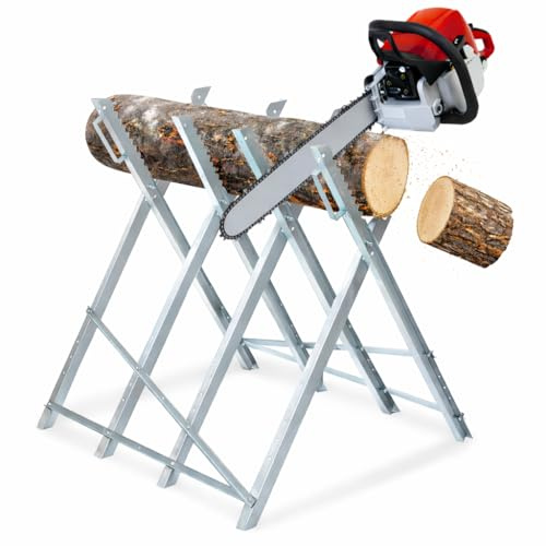 Hebitod Stabiler Sägebock aus Metall, klappbarer Holzsägebock mit 4 Paar gezahnten Auflagen, bis 150 kg belastbar, professioneller Sägebock für Kettensägen und Holzbearbeitung, Arbeitshöhe 80 cm
