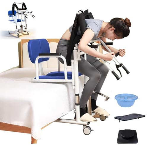 ZQHQKJ Patientenlifter Transferstuhl Patientenlift Rollstuhl höhenverstell | 5-in-1 Hydraulischer Patientenlift mit 180° geteiltem Sitz und Tischplatte | Toiletten- und Duschstuhl für Senioren Zuhause
