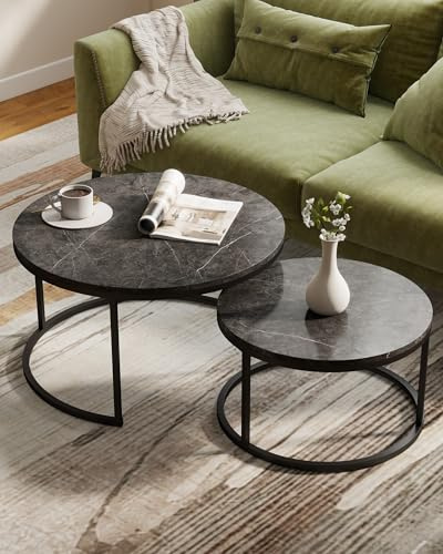 Amveya Mesa de Centro Redonda Moderna 2 Piezas 80+60 cm, Mesas Auxiliares para Salón Efecto Mármol Gris y Estructura Metálica Gris Mesa Centro Salon Elegante para Muebles de Salón