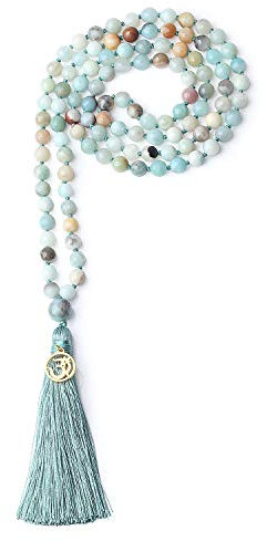 coai Collana Rosario Buddista Unisex con 108 Perle Mala in Amazzonite con Nappa Azzurra e Amuleto Om 8mm