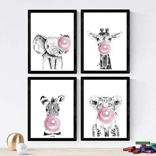 Nacnic Set von 4 Blatt Tieren Kinder mit Rosa Chicle im A4-Format, Poster Papier 250 gr hohe Qualität. Frameless