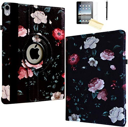 JYtrend Schutzhülle für 10,5 Zoll iPad Air 3, drehbarer Ständer, Smart Magnetic Auto Wake Up Sleep Cover 2019 A2152 A2153 A2154 A2123 MUUL2LL/A MV0Q2B/A MV0D2B/A MV0N2B/A (Blume Schwarz)