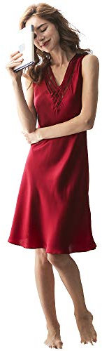 LEIQIA 100% Soie Chemise de Nuit en Soie Sexy col en V Court Slip Complet en Soie Chemise de Nuit Chemise de Nuit en Laine avec liseuse et Bordure en Dentelle pour Femmes Rouge Vin S
