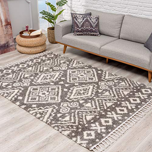 Teppich Hochflor Wohnzimmer - Ethno Geo Design 80x300 cm Grau Creme - Teppich-Läufer mit Fransen