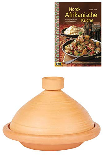 Olla de tajín marroquí para cocinar + libro de cocina | Cacerola sin esmaltar Tuareg Ø 31 cm para 3 – 5 personas | Incluye libro de recetas de cocina norte africana | Olla de barro original hecha a
