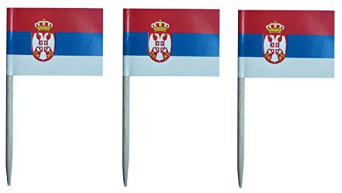 JAVD CYPS 100 Stück Serbienische Flagge, serbische Zahnstocher-Flaggen, kleine Mini-Sticks, Cupcake-Aufsätze, Serbische Flaggen, Länderpicks, Party-Dekoration, Feiern, Cocktails, Bar, Kuchenflaggen