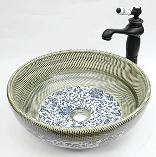 Vintage Kasbah Floral Patterned Vintage Bathroom Cloakroom Round Ceramic Counter Top Basin Sink Washing Bowl Craft Handmade Moroccan Hand Painted 400 mm, 350 mm, 300 mm (40 cm)