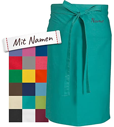 LALALO Vorbinder Schürze mit Name, hochwertig bestickt, Personalisierte Bistroschürze/Kochschürze für Damen und Herren, Malschürze/Schürze zum basteln, kochen, garten oder werken (Türkis, 60x80 cm)