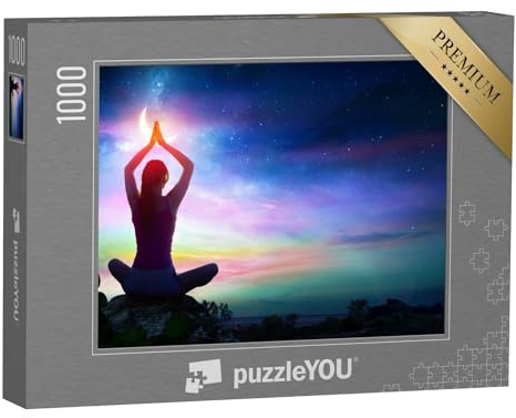 puzzleYOU: Puzzle 1000 Teile „Frau beim Yoga mit Lotusblumen und Chakra-Farbverlauf“ – aus der Puzzle-Kollektion Chakra, Menschen