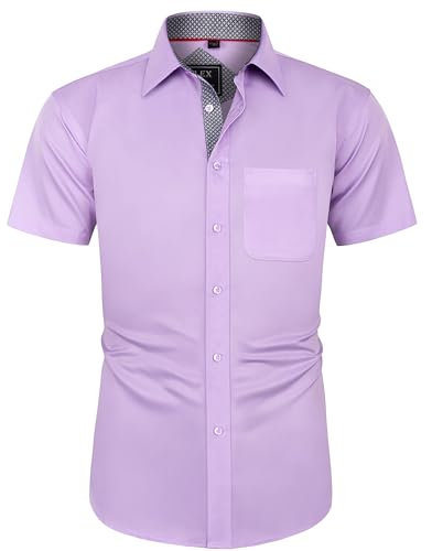 J.VER Herren Hemd Kurzarm Freizeithemd mit Tasche Regular Fit Businesshemd Bügelleichte Oberteile Männer Modern,Lila,M