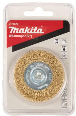 Makita D-73673 Rundbürste Ø 63 mm, gewellt, fein, vermessingt, 1/4-Sechskantaufnahme, feine Drahtbürste zum Bearbeiten von Holz und Metall