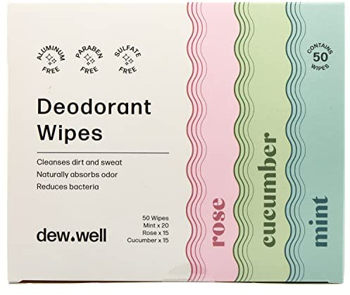 Dew Well - Refresh Deodorant Wipes - A Fresh Start When You’re On the Go - Aluminum, Paraben, and Sulfate Free - Variety Pack (Mint, Rose, and Cucumber) - 50 Individually Wrapped Wipes