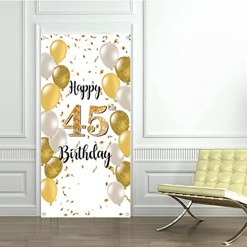 45. Geburtstag Deko Hintergrund Weiß und Gold Türdekoration Banner Stoff Schild 45. Geburtstag Party Willkommen Schild Plakat Mann/Damen Geburtstagsdeko