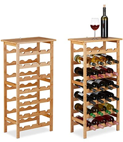 Relaxdays 2 x Weinregal Bambus, Getränkeregal für je 28 Flaschen, HBT: 94 x 47 x 29 cm, Keller, Küche & Bar, mit Ablage, Natur