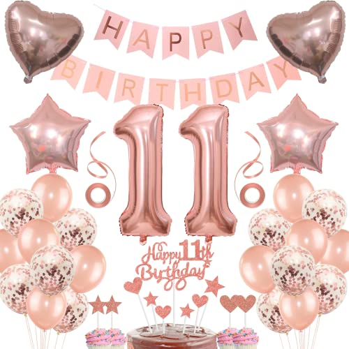 Deko 11. Geburtstag Mädchen Tortendeko Rosegold - Geschenk für 11 Jahre Alte Mädchen - Ballon Dekoration Set