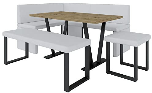 Eckbank Akiko Metal mit Tisch und Bänken - Eckbankgruppe für Ihrem Esszimmer, Küche modern, Sitzecke, Essecke. Perfekt für Küche, Büro und Rezeption. Solide Verarbeitung (Soft 17, 168x128 Links)