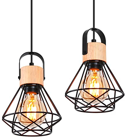 iDEGU 2 Stücke Pendelleuchten 16cm Industrielle Hängelampe aus Holz Metall Vintage Lampe mit Geometrischem Käfig Schwarz E27 Retro Hängeleuchte für Esszimmer Wohnzimmer Küche (1-flammig Pendellampe)