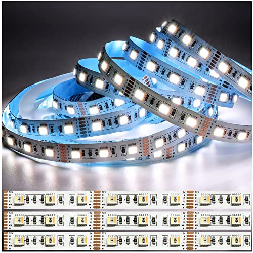 Tesfish 12V 5 in 1 Chip LED Streifen RGB+CCT, RGB + Weiß + Warmweiß (2800K bis 6500K) RGBCW 5M Mischfarben Strip Lichtband IP20 300 LEDs Band Lichtleiste Leiste