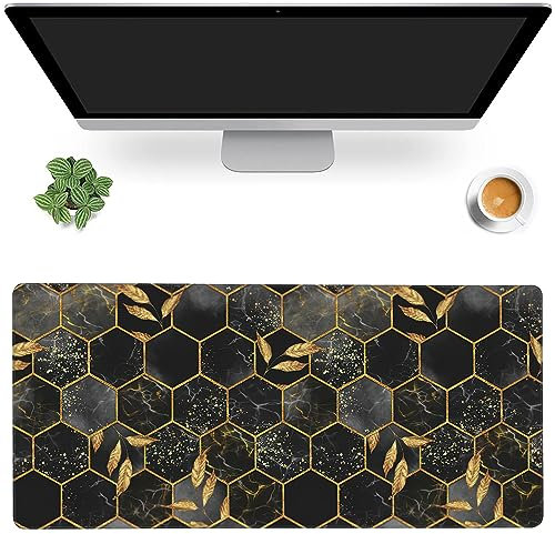 MIOAOSRT Schreibtischunterlage, abstrakter Marmor mit goldenen Blättern, Gaming-Mauspad, XXL, erweitertes Mauspad für Büro, Computer, Tastatur mit rutschfester Unterseite, genähte Eges-Mauspad, 89,9 x