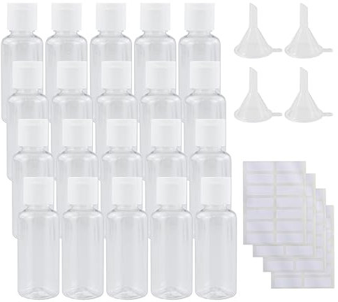 20 Sets 30ml Plastic Bottles Empty Travel Bottles Clear Refillable Plastic Travel Bottles for Liquids Flip Cap Bottles with 4 Pcs Small Funnel and 4 pcs Labels for Travel or Cosmetic