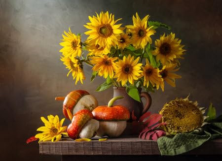 Acryl-Bild 80 x 60 cm: Stillleben mit einem Strauß Sonnenblumen und dekorativen Kürbissen auf einem alten Holztisch. (213070679)