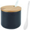 Yhuasia 230ml Céramique Sucrier Rond Seasoning, pot gros sel, pot a epices, boîte avec Cuillère et Couverture de Bambou（Noir