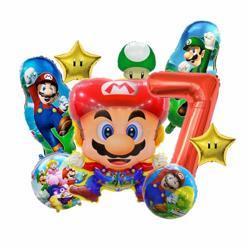 9 Stück Super Luftballon Geburtstag 7 Jahre, Super Bros Folienballon 7 Kindergeburtstag Dekoration