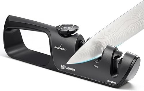 PAUDIN Professional Knife Sharpener UK, 3-Stage Manual Kitchen Knife Sharpening Tool for Any Sharp Straight & Serrated Blades, Scissors - Non-Slip Grip