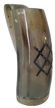 Viking By Heart Real Ox Horn 6-7'' Long, Vikings Drinking Smooth Horn Mug with Wooden Base, Engraved with Odin's Spear, 13+ OZ Capacity, Polished Finish Horn Mug Unique Beer Gifts for Men, Women