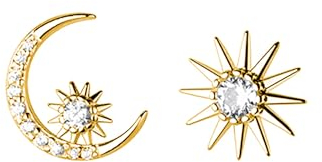 Reffeer Massive 925 Sterling Silber CZ Mond Stern Ohrringe Ohrstecker für Damen Ohrringe Mond Sonne Ohrstecker Asymmetrisch (B-Gelb)