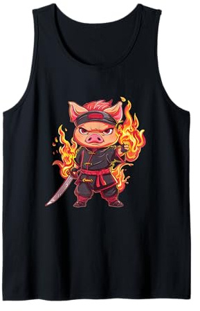 Baby Schwein Ferkel mit Ninja Feuer Kostüm Flammen Comic Tank Top