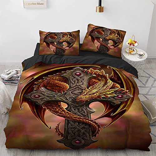 Bettwäsche 135x200 Set Dunkler Dragon motiv Bettbezug Sets 3 teilig Mikrofaser Bettbezügen 3D Gotisch Drachen Schwert Druck Bettbezug mit Reißverschluss Eckbandeinfassung + 2 Kissenbezüge 80x80 cm