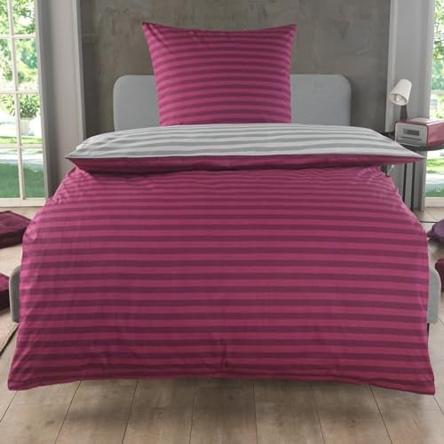 MALIKA Bettwäsche 155x220 Baumwolle, 2-teiliges Set, Streifenmuster, Wende Bettbezug 155 x 220 cm, Kissenbezug 80x80 cm, Renforcé, atmungsaktiv, maschinenwaschbar, Weinrot