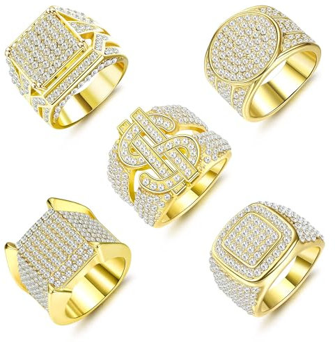 FIOROYAL 5 Stück Gold Ringe Herren 18K Vergoldet Diamantring Iced Out Ringe für Herren, Hip Hop Rock Mode Personalisiert Glänzend Gold Breit Ring V8