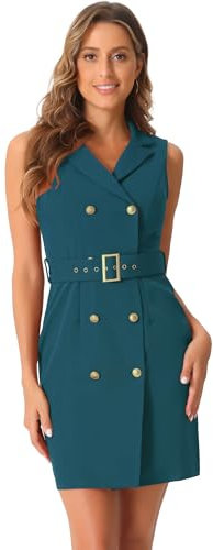 Allegra K Damen Blazerkleid ärmellos, gekerbtes Revers, zweireihig, Gürtel, Arbeit, Büro, pfau, M