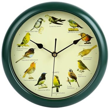 Lautlos Wanduhr, Vogelgesang-Uhr, Chic Wanduhren, mit 12 Einheimischen Singvögeln,Original-Naturaufnahmen, Heimdekoration, Dekorative Uhr,Lautlos,passend für Wohnzimmer und Schlafzimmer. (Grün)