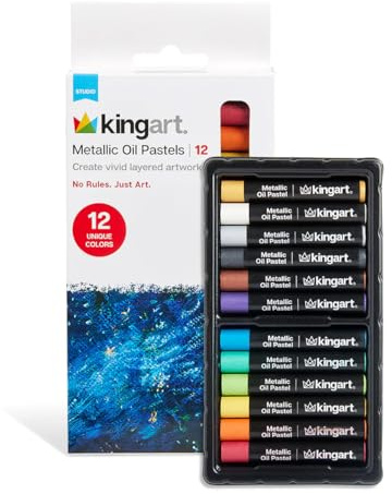 KINGART 181-12 Studio METALLIC OIL PASTELS, Set of 12 Round Sticks (2.3 x 0.3), Vibrant, Shimmering Colors for Paper, Canvas, Wood, Non-Toxic, 12 Colors