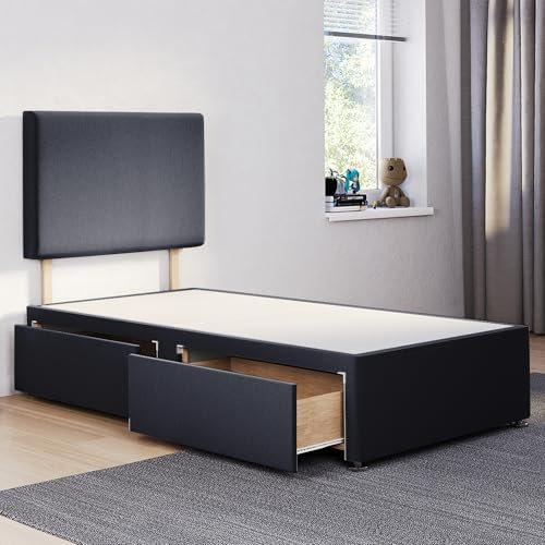 ComfoRest - Luxurious 3FT Single Divan Bed with 2 Drawers & Plain 24 Headboard | Sturdy Base with Storage for Compact Rooms (Black Plush)